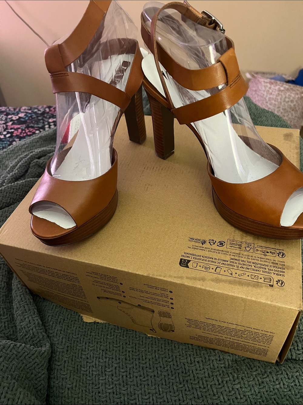 Ralph Lauren Tan Leather Strappy Platform Heels - Picture 5 of 5